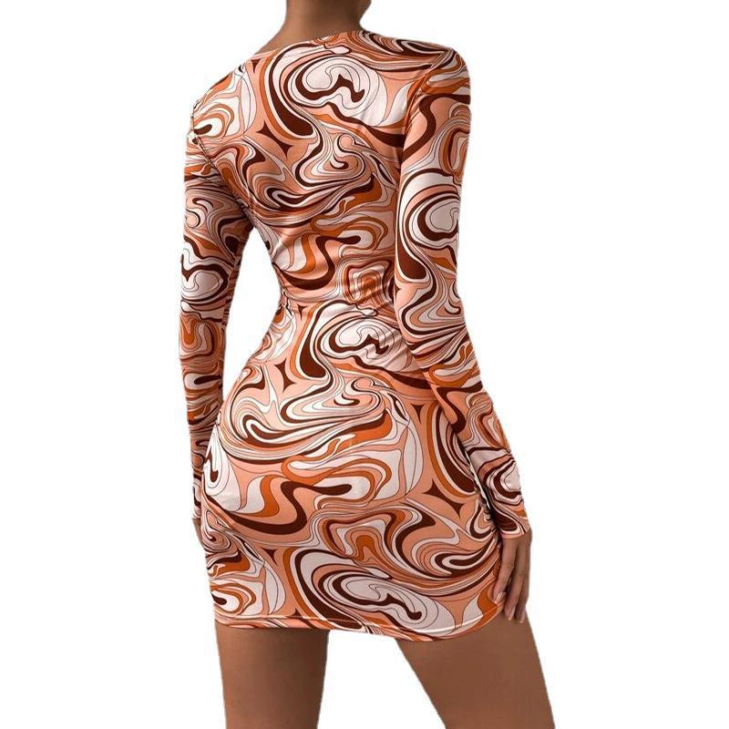 Marble Print Ring Linked Peekaboo Front Bodycon Dress