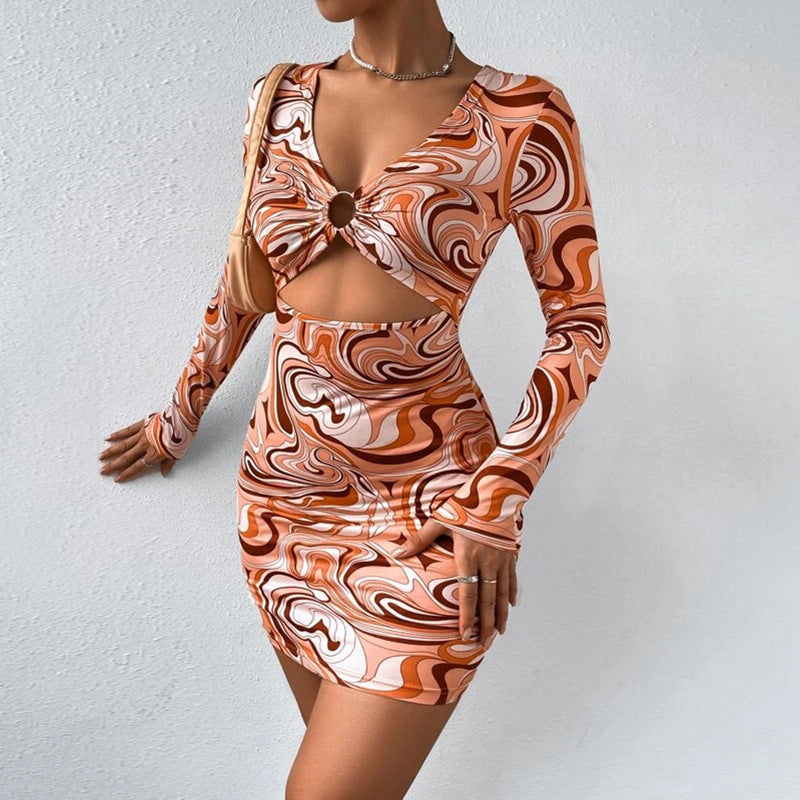 Marble Print Ring Linked Peekaboo Front Bodycon Dress