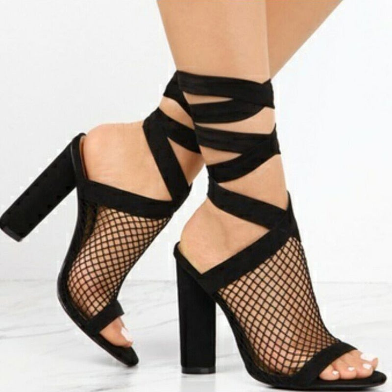 High Heel Flock Sandals and Cross Strap Detail