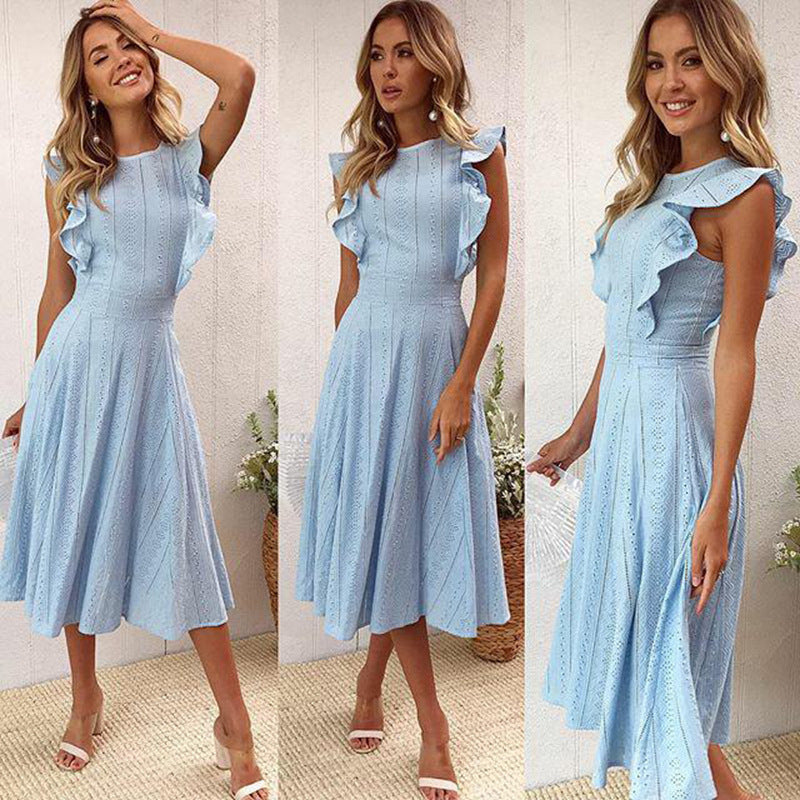 Cool A-line Lace Ruffles Sleeveless Casual Midi Dress