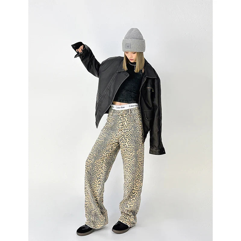 Overalls Leopard Print Loose Wide Leg Pants