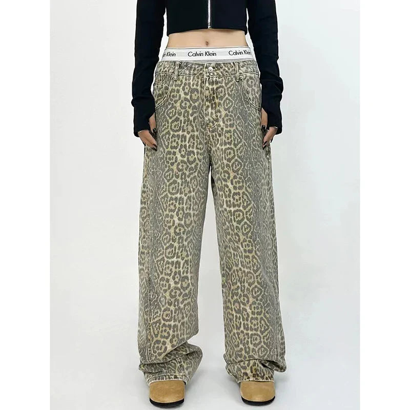 Overalls Leopard Print Loose Wide Leg Pants