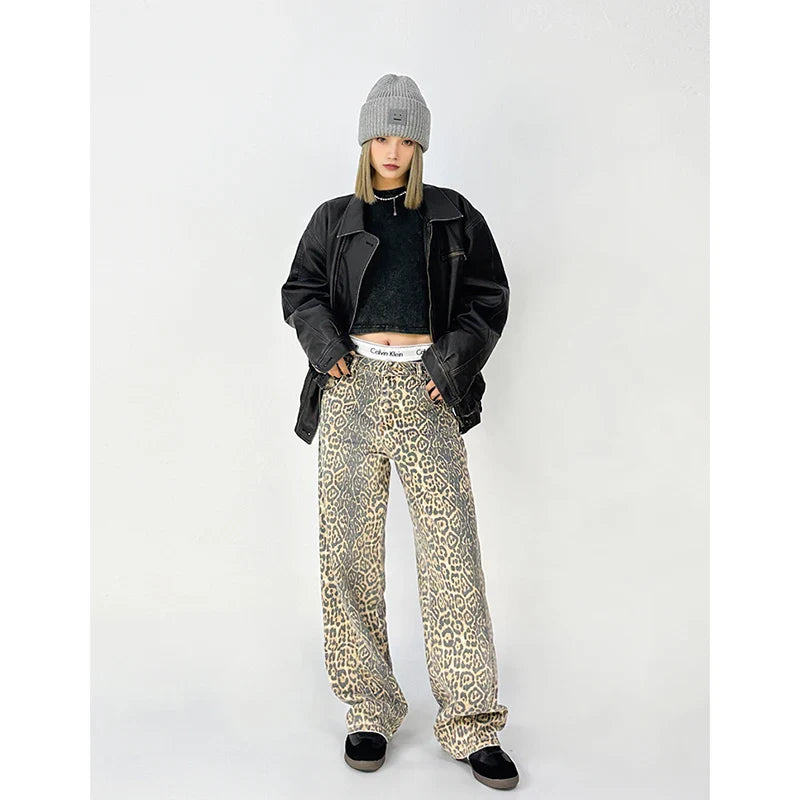 Overalls Leopard Print Loose Wide Leg Pants